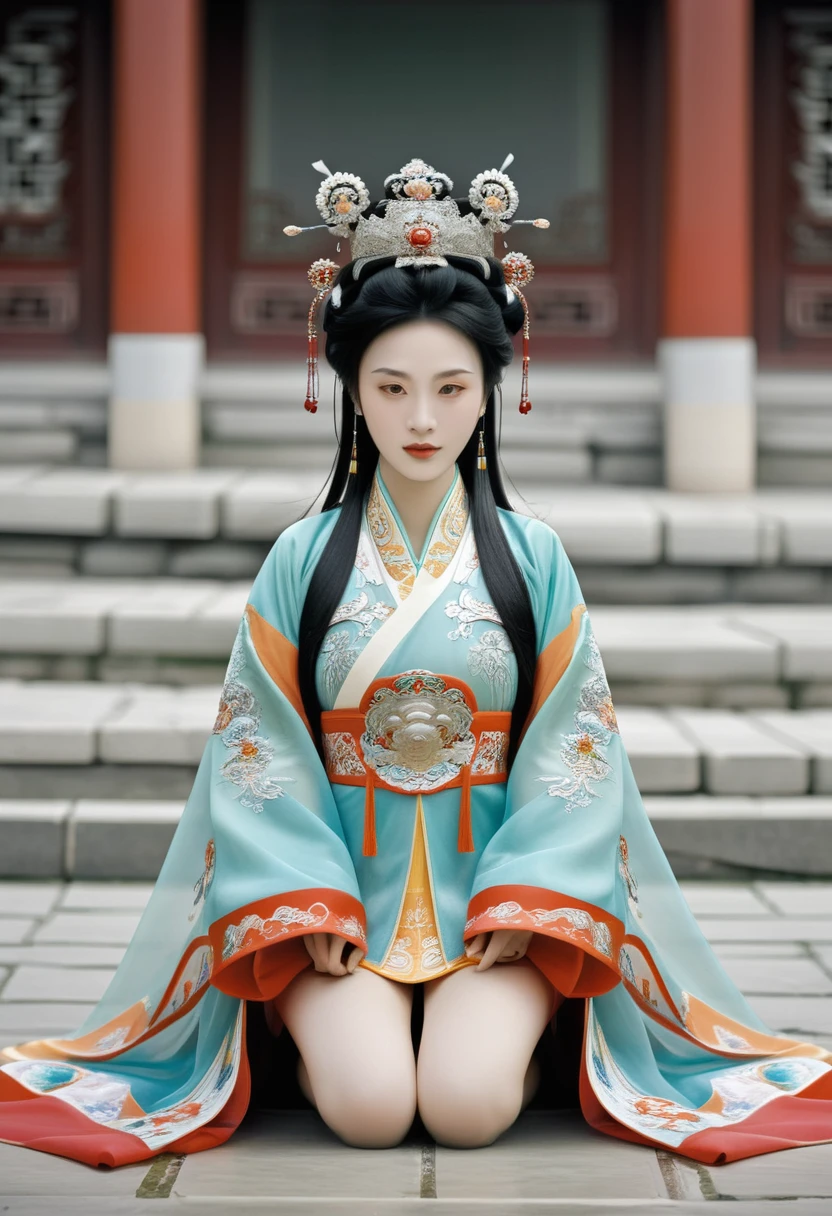 A woman seen from the front, bent over on the ground facing forward with her legs spread apart. A Chinese empress wearing a large crown, showing her abdomen, thighs and toes.。She is wearing no underwear, and her large breasts are exposed, right down to her bare stomach. Her hair is tied up and pulled up, and the background is the stone pavement of the Chinese palace of the Qing Dynasty.