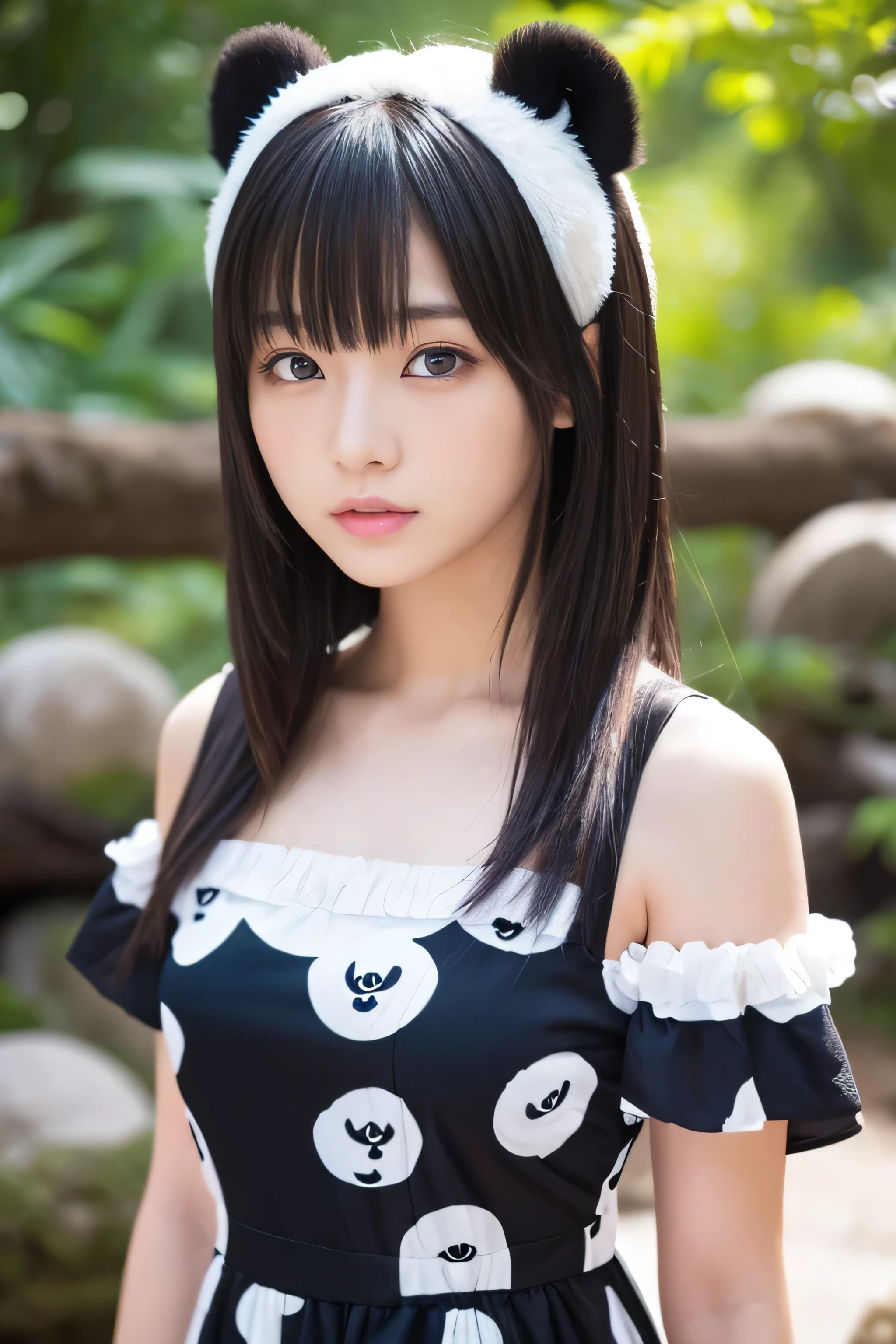 young japanese female model, 20 years old, short height, long brunette hair, bangs hairstyle, blue eyes, masterpiece, 8k resolution, highly detailed, wearing black and white panda dress,