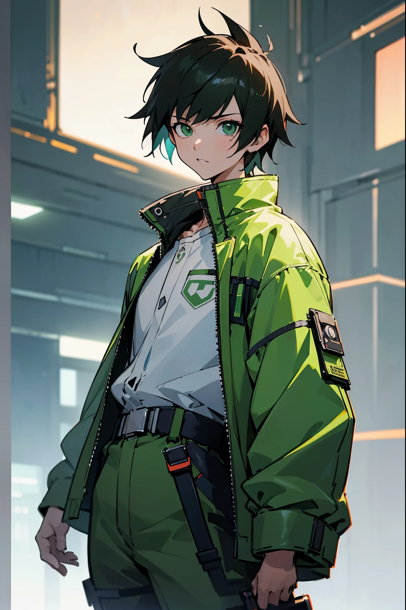 a cartoon picture of a man with a green jacket and a white shirt, epic anime style, makoto shinkai ( apex legends ), eka's portal, makoto, phone wallpaper, digital cyberpunk anime art, anime cyberpunk art, cyberpunk futuristic neo, epic wallpaper, cyberpunk anime art, mobile wallpaper, 4k anime wallpaper, 8k)), by Choi Buk