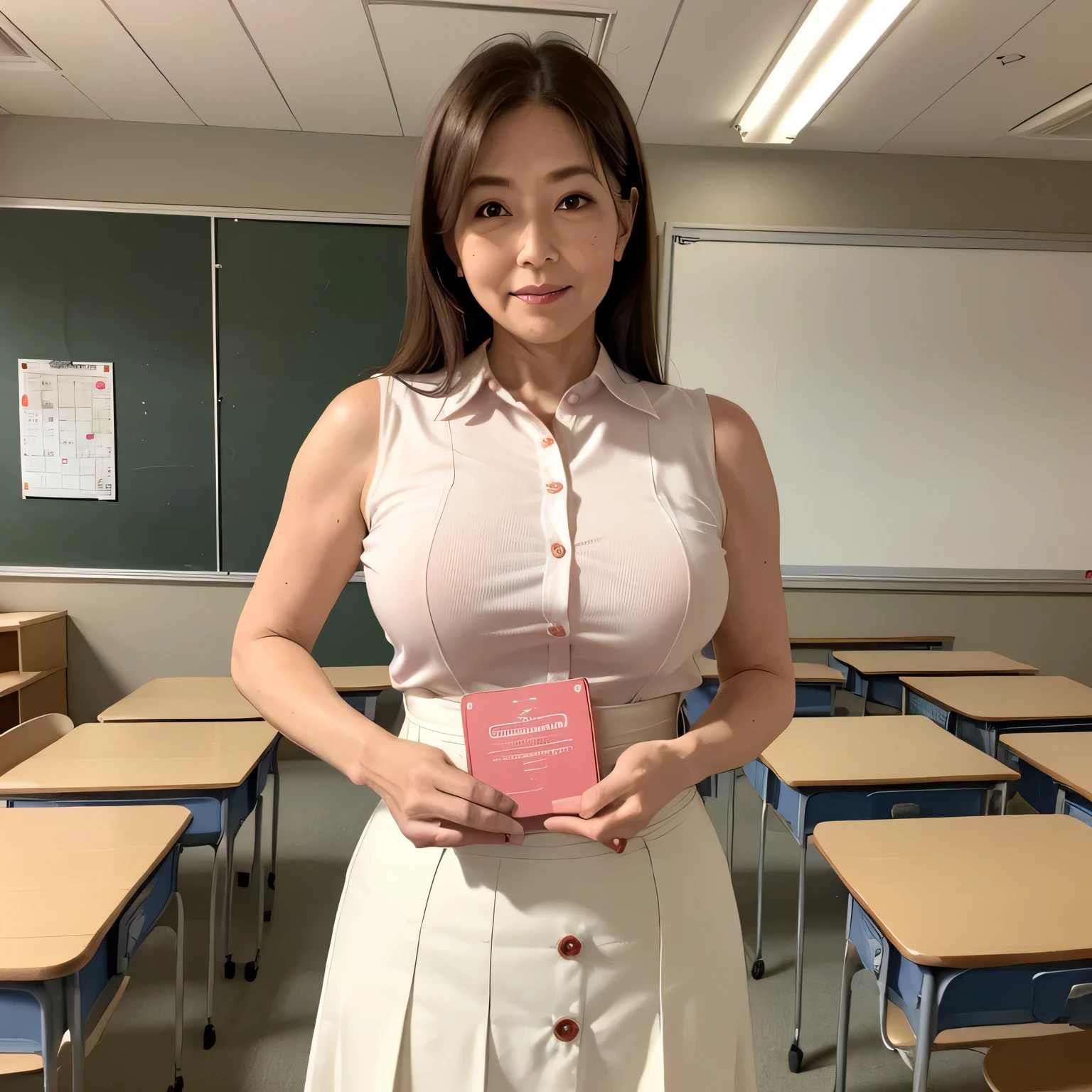 High resolution, High-level image quality, High definition, masterpiece, 8k, Anatomically correct, Professional Lighting, sharp, White Photo,
((Japanese Mature, 90 years old, Beautiful female teacher)), One person, ((Facial wrinkles)), Shapely large breasts,
Volumizing straight long light brown hair parted to the right, Chubby body type,
((School classroom, Standing upright, holding the attendance book and looking at the viewer)),
(((A light red sleeveless summer buttoned shirt tucked into a skirt, Tight summer high waist thin white long flared skirt))),
Composition from knee to head