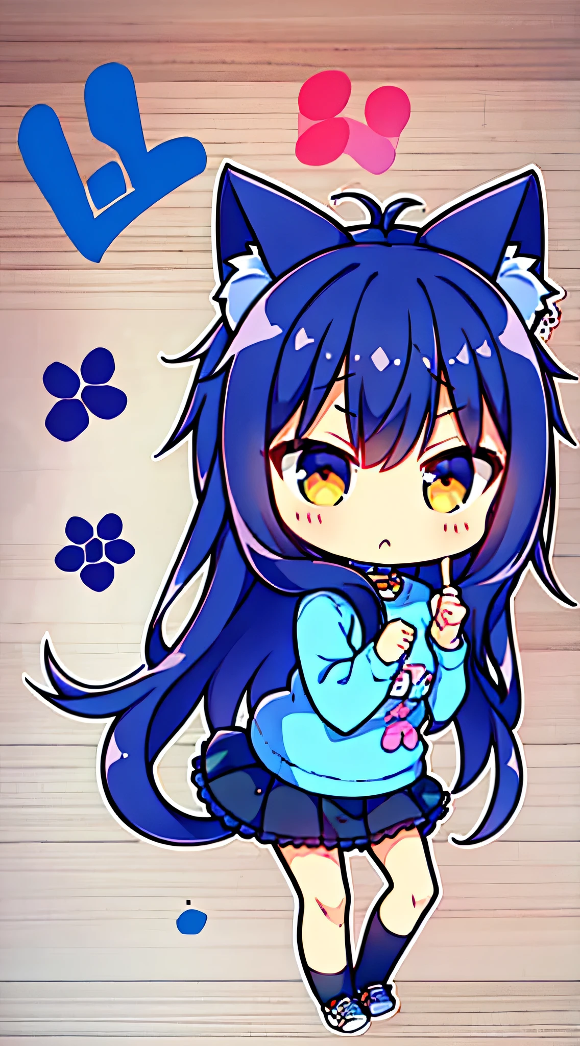 (Highest quality,4K,High resolution), Blue cat feminization,Cat ears,Cat ear headphones,Red long hair,Big eyes,Sharp Eye,Cold Eyes,Glare,Cool woman,Feline tail,Comical illustration,Vibrant color scheme,colorful,Transformational Design,Comical facial expression,cute