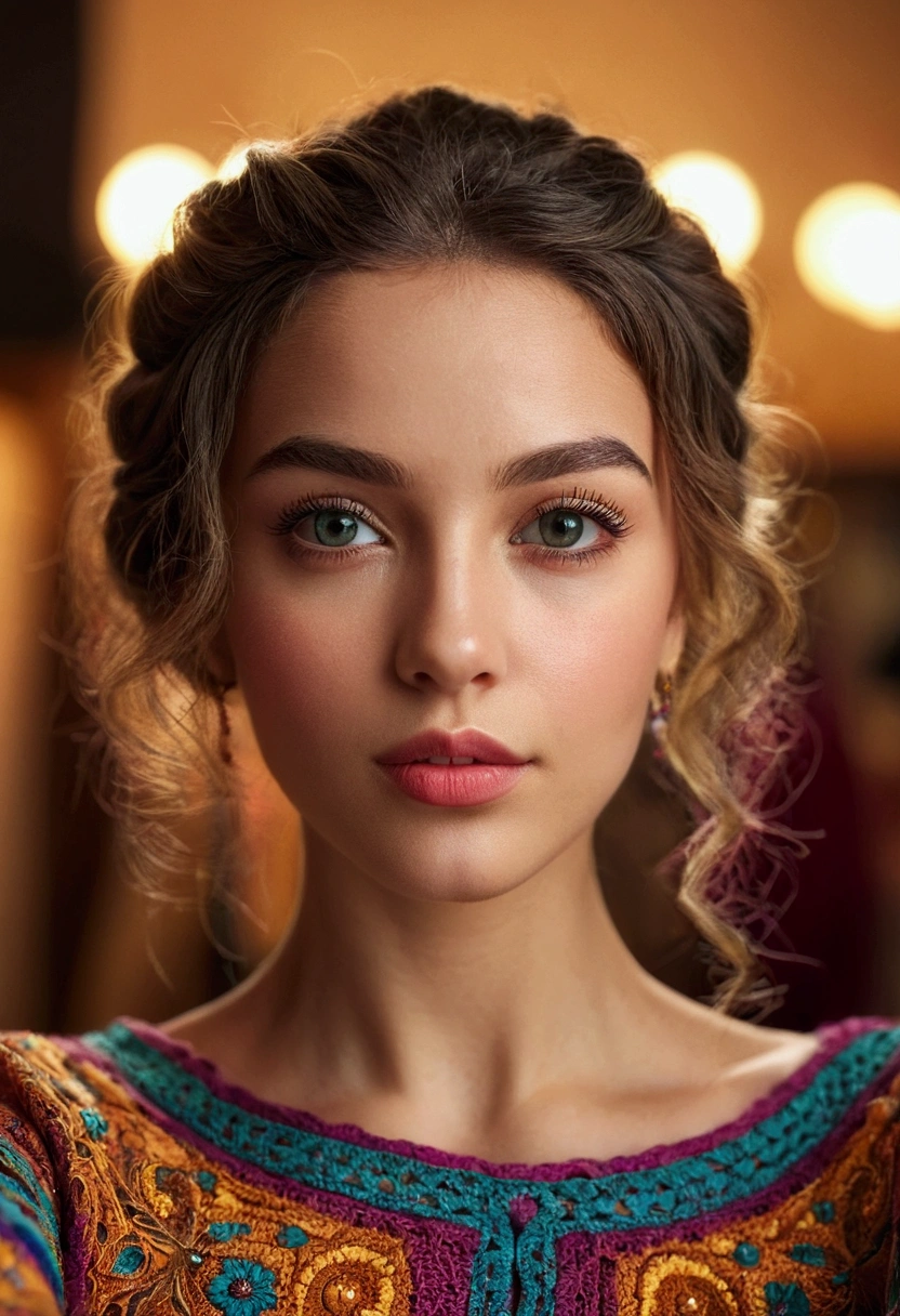 a pretty young woman, selfie, iphone camera, detailed eyes, detailed lips, long eyelashes, beautiful face, gorgeous expression, intricate hairstyle, colorful clothing, natural lighting, warm tones, high resolution, photorealistic, cinematic, portrait, studio lighting