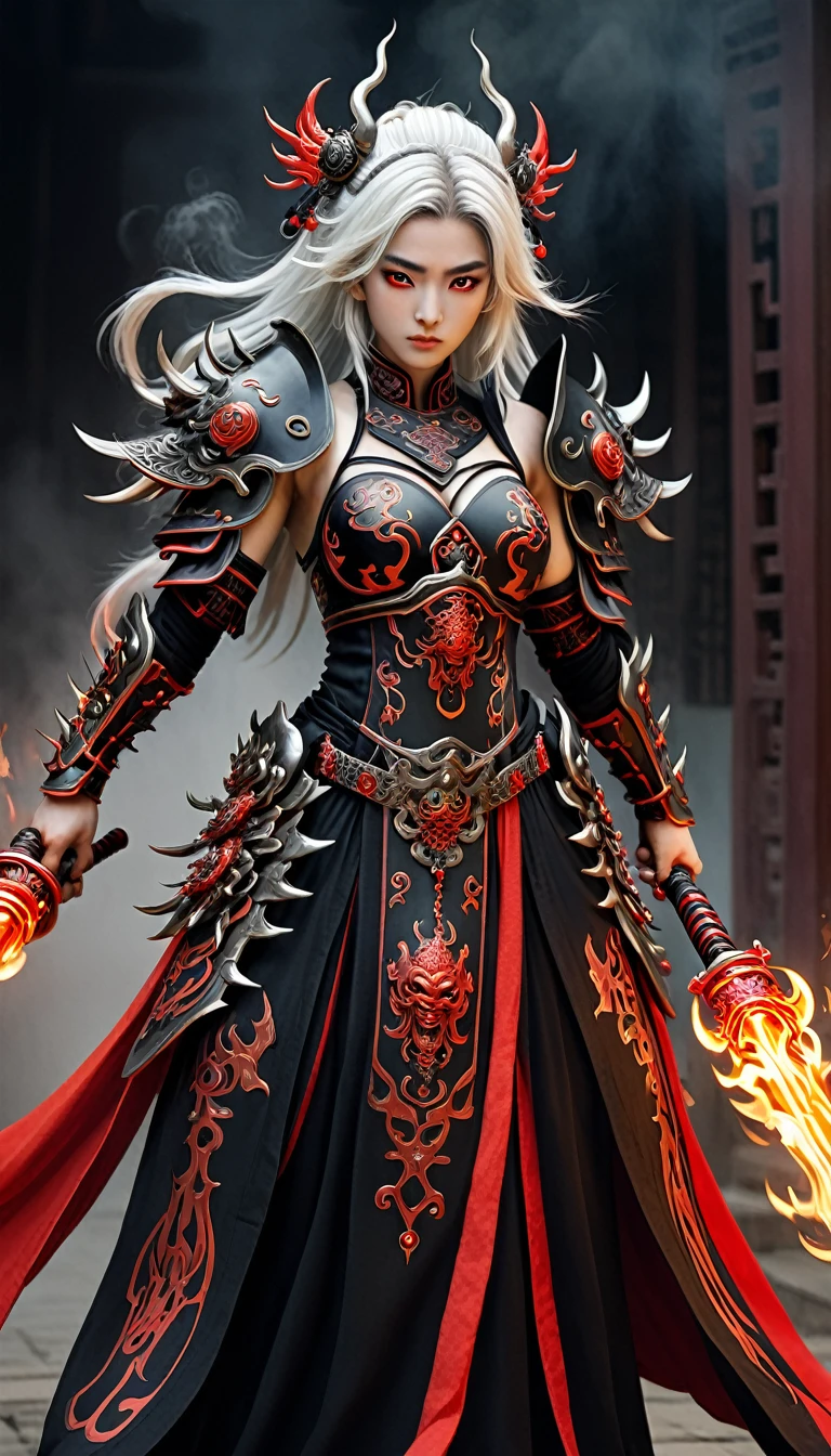 Draw the image of a Chinese Shura ghost，It has multiple arms，Each arm holds a different weapon，The body is strong and powerful，Wearing armor with spikes and scary decorations。Shura has extra eyes、Multiple or unusual skin colors，Red or black。The overall image exudes a fierce momentum，Surrounded by flames。Ultra-high resolution，Best quality，Canon，photography，Reality，Surrealism，Realism，style，Reality，Reality