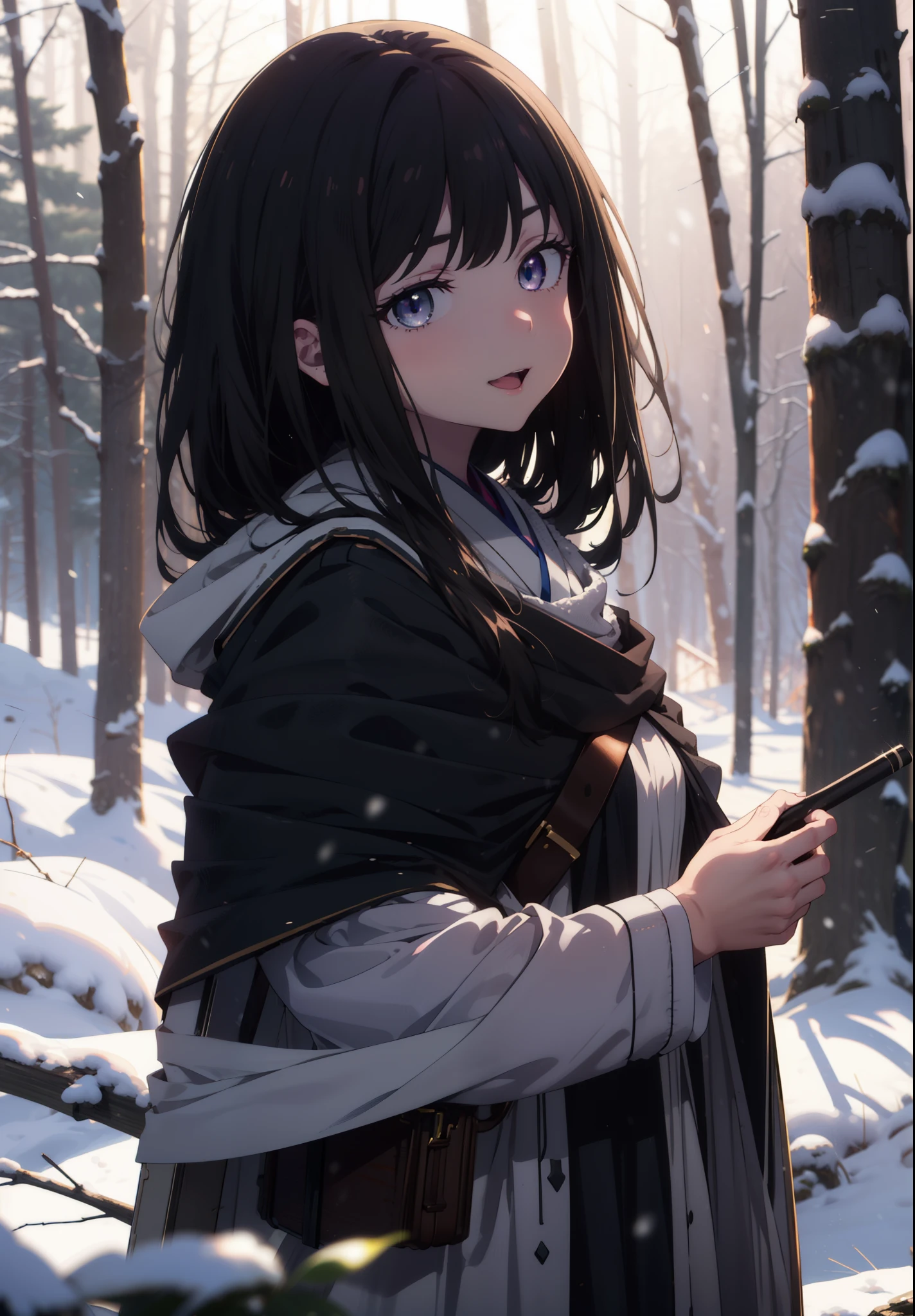 Takiuchi, Inoue Check, Long Hair, bangs, Black Hair, (Purple eyes:1.2),smile,
Open your mouth,snow,Bonfire, Outdoor, boots, snowing, From the side, wood, suitcase, Cape, Blurred, forest,  nature, Squat,  Cape, winter, Written boundary depth, Black shoes, blue Cape break looking at viewer, Upper Body, whole body, break Outdoor, forest, nature, break (masterpiece:1.2), Highest quality, High resolution, unity 8k wallpaper, (shape:0.8), (Beautiful and beautiful eyes:1.6), Highly detailed face, Perfect lighting, Extremely detailed CG, (Perfect hands, Perfect Anatomy),
