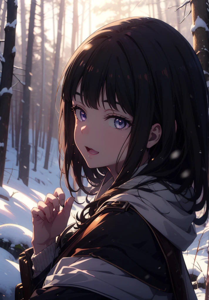 Takiuchi, Inoue Check, Long Hair, bangs, Black Hair, (Purple eyes:1.2),smile,
Open your mouth,snow,Bonfire, Outdoor, boots, snowing, From the side, wood, suitcase, Cape, Blurred, forest,  nature, Squat,  Cape, winter, Written boundary depth, Black shoes, blue Cape break looking at viewer, Upper Body, whole body, break Outdoor, forest, nature, break (masterpiece:1.2), Highest quality, High resolution, unity 8k wallpaper, (shape:0.8), (Beautiful and beautiful eyes:1.6), Highly detailed face, Perfect lighting, Extremely detailed CG, (Perfect hands, Perfect Anatomy),
