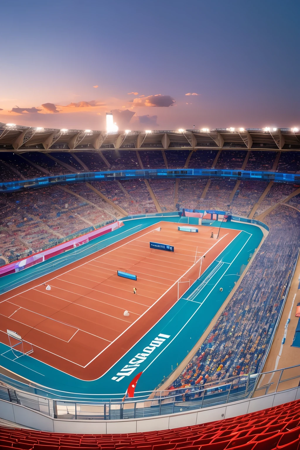 Scenes with Olympic sports as the background, top view, showcasing athletes or venues in magnificent detail --s2.
A panoramic view of the Olympic stadium from above, where athletes from around the world come together to compete. The track and field, swimming pool, and gymnastics arena are all in pristine view, filled with the fervor of Olympic spirit. The spectators' cheers echo throughout the vast expanse, creating an electrifying atmosphere --s2.
The top view of the Olympic diving platform, with divers preparing for their next leap. Their bodies are taut with anticipation and determination, the water below sparkling with reflection --s2.