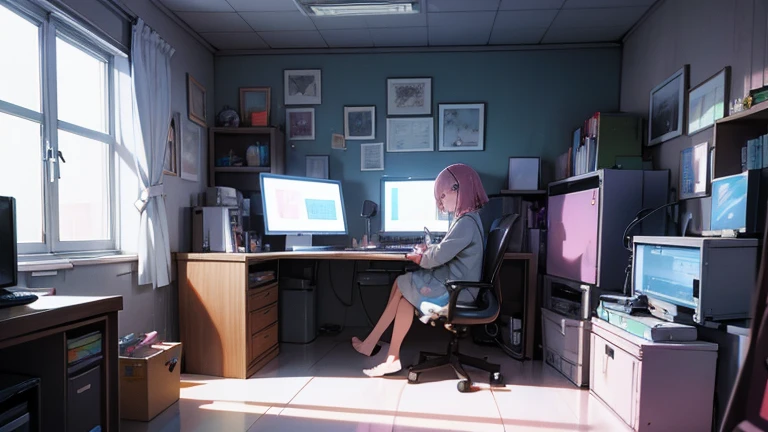pastel render, a lofi girl programmer in front of his computer station, cozy and messy room,
lofi-girl, unreal engine 5 render. isometric cube cutout of a messy room with, isometric 3d render,
detailed, ideal symmetry, perfect alignment, 8k, muted hues, bloom from screen illuminations
Sitting in the chair in front of the computer with the window next to it