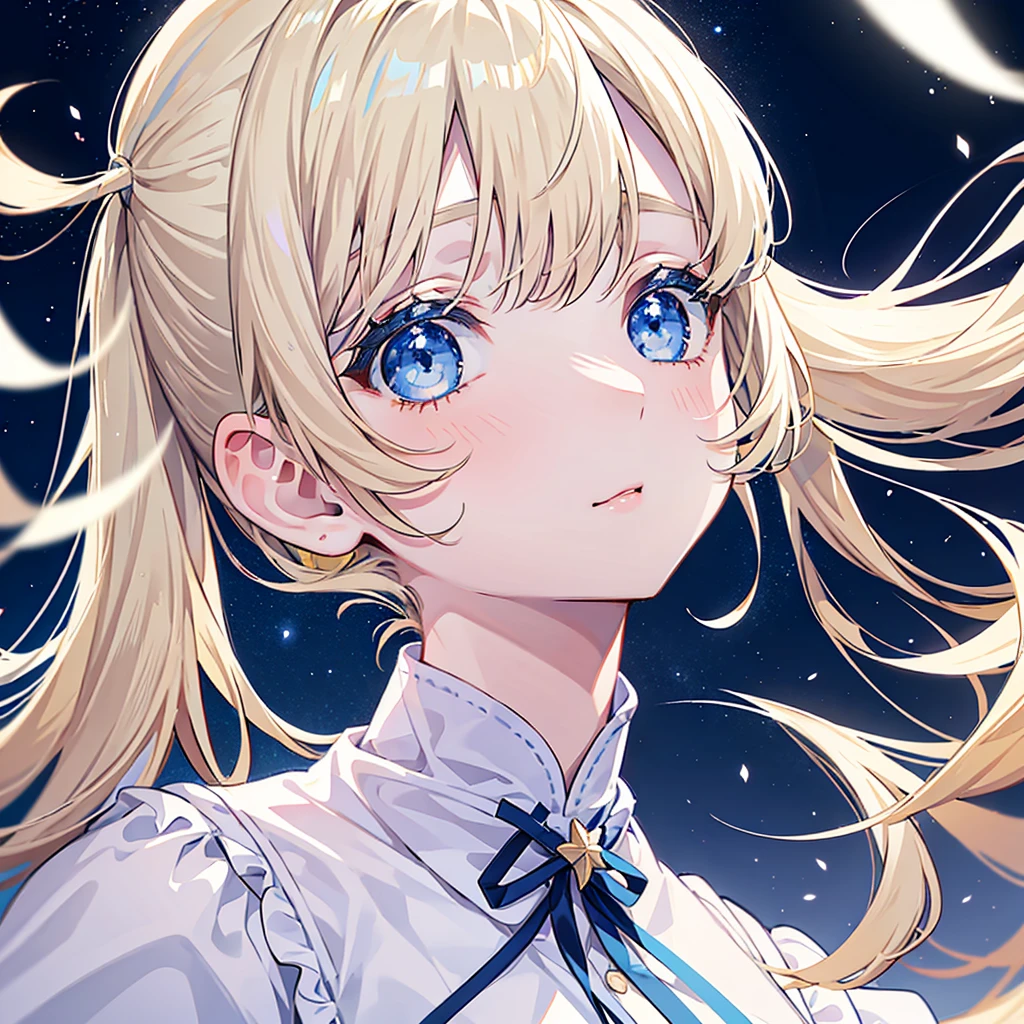 girl,face close-up,moon light,swept bangs,pigtails, blond hair, blue eyes, white clothes. beautiful eyes,best quality,We can see her top of the head,starry sky background,from the neck up,there is no one there but her.