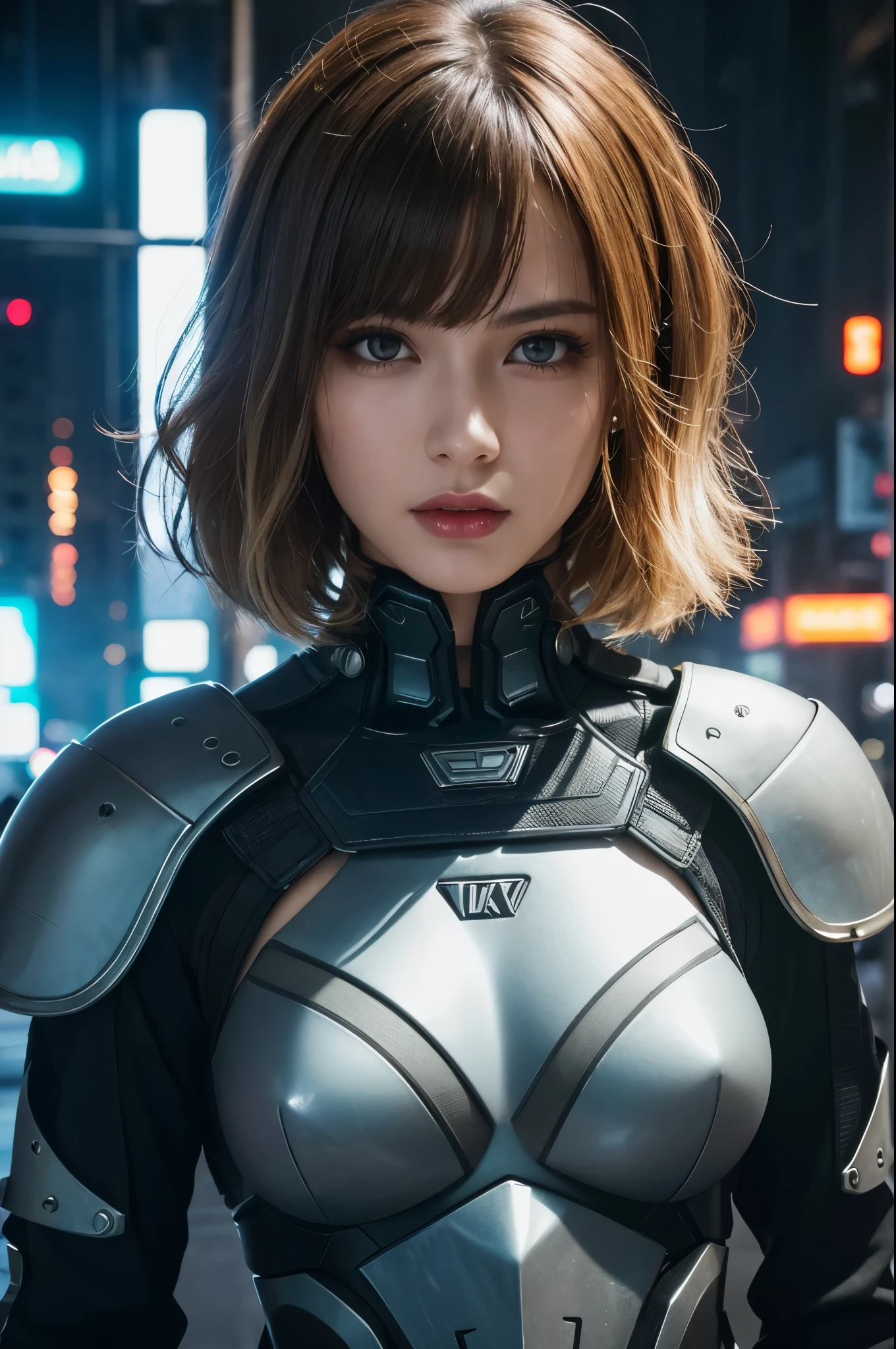 8k,Highly detailed illustration, Ultra-high resolution, masterpiece, Highest quality, Super Beauty,Skin with perfect radiance, Perfect lighting, Detailed lighting, Dramatic Shadows, Ray Tracing, 1 beautiful Caucasian woman, Looking at the audience, Very large breasts, Beautifully detailed hazel eyes, Sharp Face, Clear Eyes, Red lips, Long Bangs, Short Curly Hair, blonde, ((Cyberpunk Dark City)), Upper Body, Combat Uniform, Military Harness, ,masterpiece,Highest qualityのフォトリアリスティックなRAW写真。Bright colors,Rich colors, Backlight, Cinema Lighting, Film Grain,  50mm lens, Nikon D850,Detailed character art,Fantasy art,Ultra-high resolution,Ultra-Realistic Skin,Perfect hand shape,ダイナックなFightingポーズ,Knife action,Metal Armor,Fighting,
