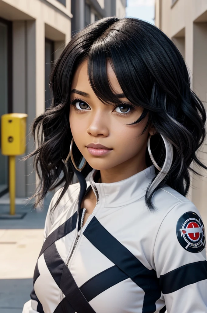 Screenshot of my hero academia. light skin girl, wavy black hair with white highlights, gray eyes and light skin