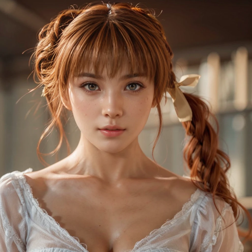 Kasumi, brown eyes, (best quality, ultra detail), (realistic:1.37), beautiful and detailed face, ultra-realistic texture, Delicate face, delicate body, red lipstick, bright colors. high definition, 8K. very serious expression and penetrating gauze