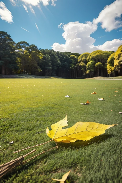 under the blue cloudy sky, a yellow fallen leaf lies on the green grassland.