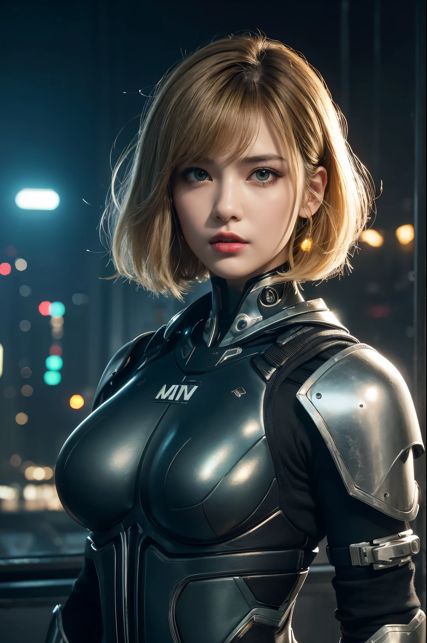 8k,Highly detailed illustration, Ultra-high resolution, masterpiece, Highest quality, Super Beauty,Skin with perfect radiance, Perfect lighting, Detailed lighting, Dramatic Shadows, Ray Tracing, 1 beautiful Caucasian woman, Looking at the audience, Very large breasts, Beautifully detailed hazel eyes, Sharp Face, Clear Eyes, Red lips, Long Bangs, Short Curly Hair, blonde, ((Cyberpunk Dark City)), Upper Body, Combat Uniform, Military Harness, ,masterpiece,Highest qualityのフォトリアリスティックなRAW写真。Bright colors,Rich colors, Backlight, Cinema Lighting, Film Grain, 50mm lens, Nikon D850,Detailed character art,Fantasy art,Ultra-high resolution,Ultra-Realistic Skin,Perfect hand shape,ダイナックなFightingポーズ,Knife action,Metal Armor,Fighting,