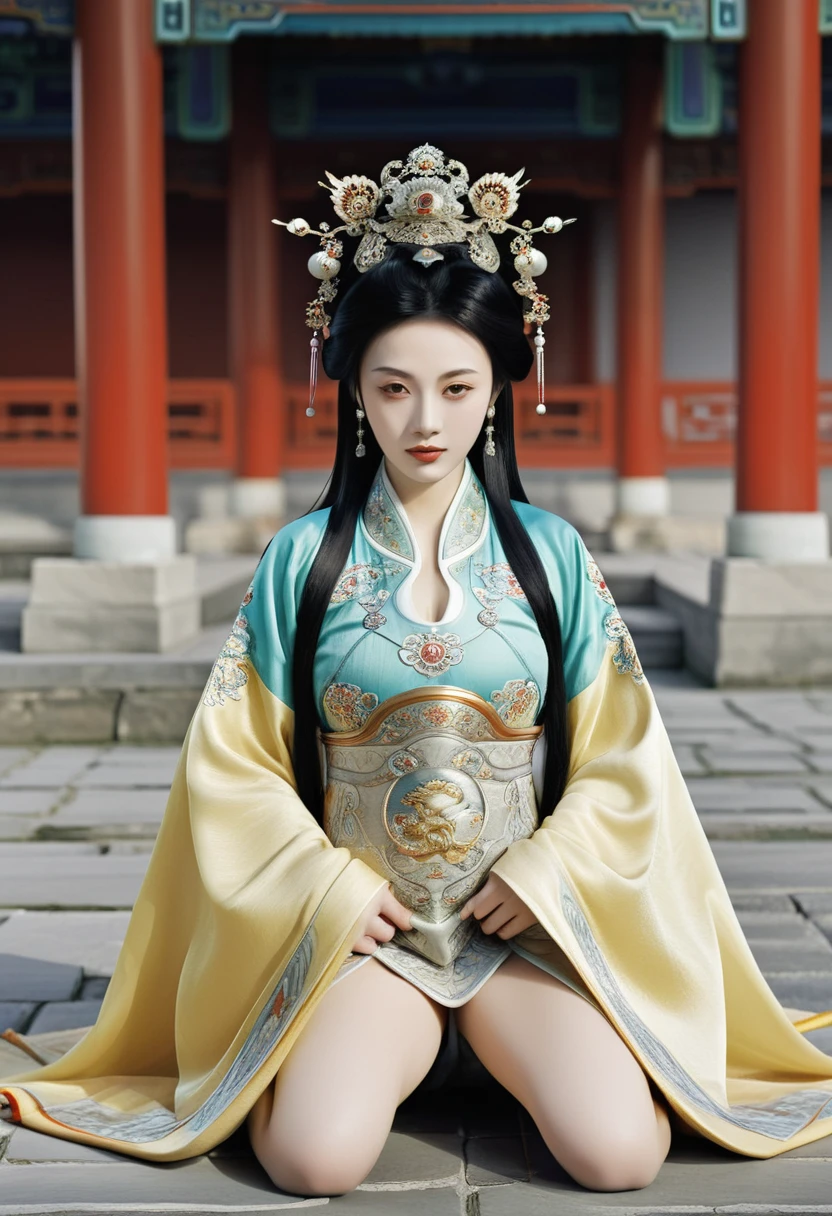 A woman seen from the front, bent over on the ground facing forward with her legs spread apart. A Chinese empress wearing a large crown, showing her abdomen, thighs and toes.。She is wearing no underwear, and her large breasts are exposed, right down to her bare stomach. Her hair is tied up and pulled up, and the background is the stone pavement of the Chinese palace of the Qing Dynasty.