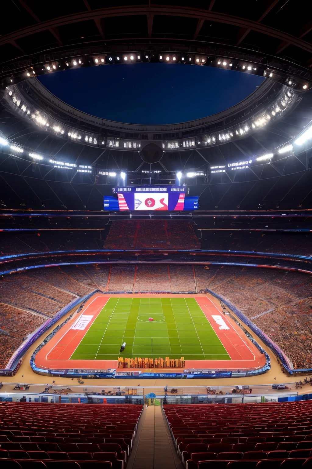 In this captivating top-view scene, an Olympic arena serves as the backdrop. The coliseum-like structure, adorned with national flags and banners, echoes the grandeur of the global sports event. Athletes, in their vibrant uniforms, can be seen in various poses, showcasing their dedication and skill. The arena's energy is palpable, with spotlights illuminating the action. The crowd, a sea of people, is also visible in the background, their cheers and applause adding to the thrill of the scene. The intricate details of the venue and the participants are highlighted, creating a hyper-realistic and engaging image that truly encaps
