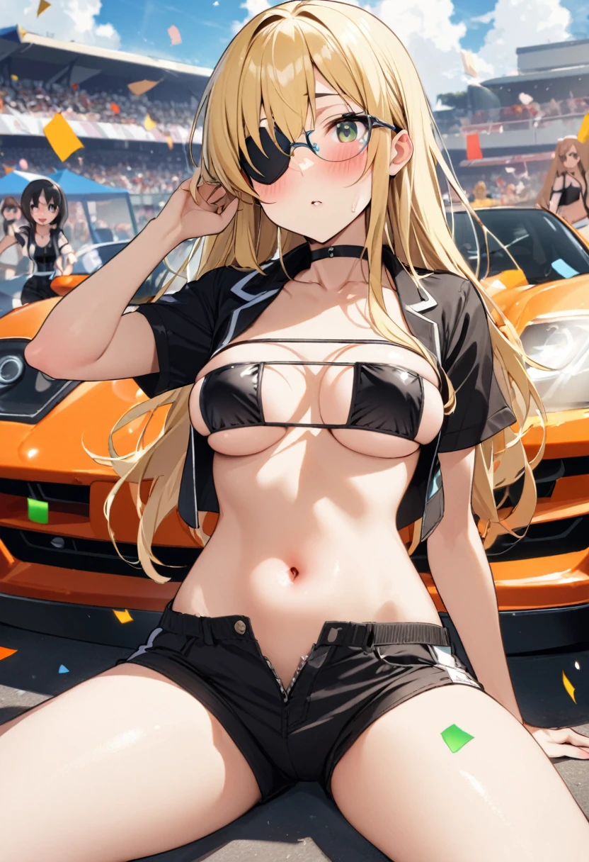 1 girl、solo、Long Hair、chest、Staring at the audience、blush、笑face、Blonde Hair、大きなchest、belly button、chestの谷間、Sitting、Close your mouth、Green Eyes、Swimwear、Short sleeve、(face:No eyepatch)、Eyepatch bikini、(color:black)Thighs、Outdoor、Open clothes、null、Glasses、Shorts、choker、noon、cloud、stomach、青null、Shorts、Underbust、(Eyepatch bikini:black)、High leg、blackchoker、blackShorts、Hair Intake、地上car両、自動car、car、Open Fly、Confetti、眼帯High legビキニ、Micro Shorts、Race Queen