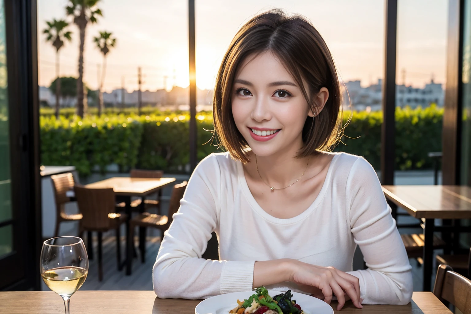（Realistic:1.1）,(masterpiece,Highest quality)，8k,(51 years old), 53 years old, ベリーslimボディ、slimカップル、Tight waist,Upper Body,full-course dinner、wine 、Amazing view of the sunset sky and clouds、Perfect Anatomy, Brown Hair, short hair,Random Hairstyles,((Highly detailed face and eyes:1.2))，Perfect golden ratio face，Long sleeve shirt、dress,(smile:1.2)、Shortcuts、cute、(Realistic, Intricate details:1.2), A bright smile、short hair,Bright Face、赤wine 、Appetizers、Italian food、wine bottle、Champagne、スパークリングwine、(slimな顔), (The body is slim), (Brown Hair), (Shortcuts),  Upper Body, 白wine, slim, wineグラス, 