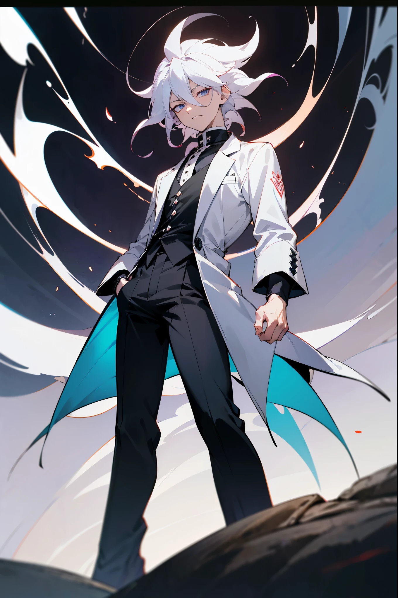 a man with a white hair and a white shirt standing in front of a black hole, handsome guy in demon slayer art, white haired deity, nagito komaeda, detailed anime character art, male anime character, an epic anime of a energy man, best anime character design, badass anime 8 k, anime character, official anime artwork, anime character art