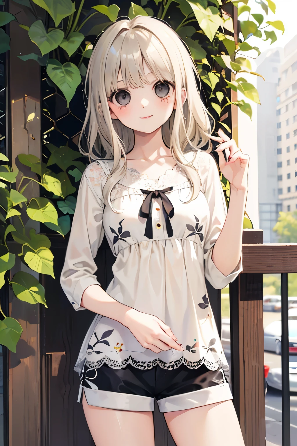 (beautiful young boy:1.3),(Small breasts 1.0),((Lightbeige hair:1.2)),(Medium wave hair:1.1),(gray eyes:1.2),(PRİNCESS:1.1),((lace blouse:1.2)),(Botanical print shorts:1.25),kiss Face,smile,(outdoor:1.25)