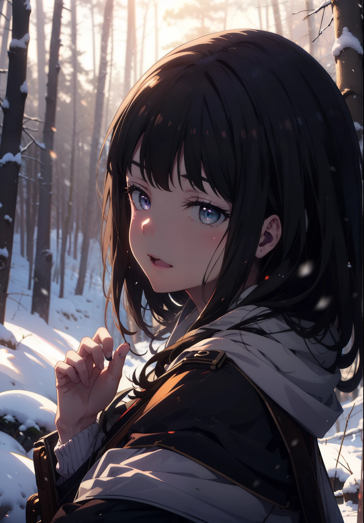 Takiuchi, Inoue Check, Long Hair, bangs, Black Hair, (Purple eyes:1.2),smile,
Open your mouth,snow,Bonfire, Outdoor, boots, snowing, From the side, wood, suitcase, Cape, Blurred, forest, nature, Squat, Cape, winter, Written boundary depth, Black shoes, blue Cape break looking at viewer, Upper Body, whole body, break Outdoor, forest, nature, break (masterpiece:1.2), Highest quality, High resolution, unity 8k wallpaper, (shape:0.8), (Beautiful and beautiful eyes:1.6), Highly detailed face, Perfect lighting, Extremely detailed CG, (Perfect hands, Perfect Anatomy),