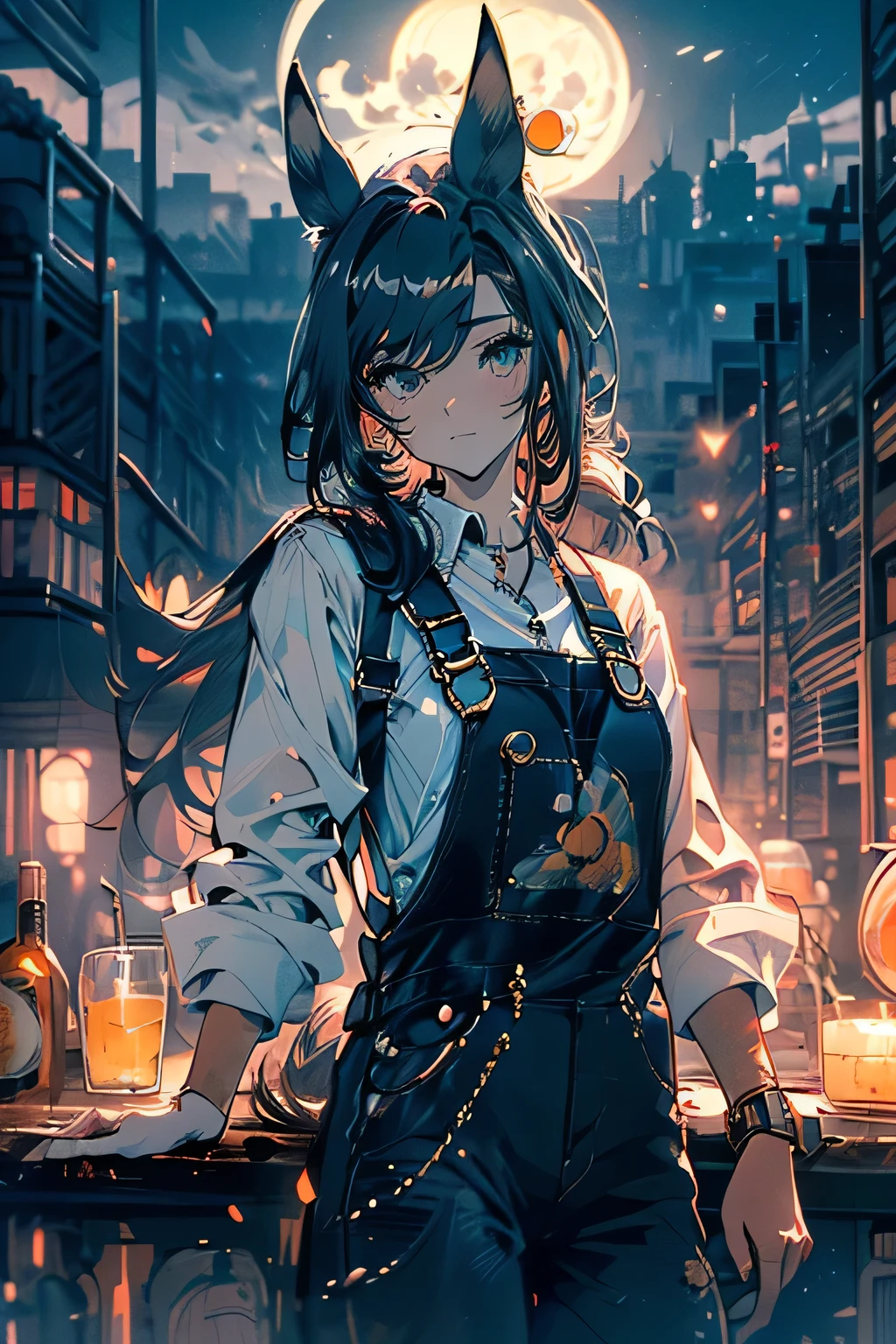 ((one dignified young woman)),((highest quality, masterpiece, 8K))), retro atmosphere, london cityscape, thick fog full moon night, sharp face steampunk, Uma Musume, black hair, (((horse ear))), mullet hairstyle, cool, looks calm, ((white shirt, dirty overalls))