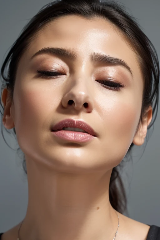 Taylor Hill、High resolution realistic photos,8k,Realistic skin texture,to be born々New People々々々々,1 girl,Tabletop,,Awards - Winning Photos, Very detailed, Close your eyes, Nose and mouth,Face Focus, Extreme close up of face、Woman with open mouth and closed eyes, Black camisole、20-year-old,Black-haired、Symmetrical face,Realistic nostrils、Angle from below、Elongated C-shaped nostrils,((Gray background))、Sweaty skin、汗でGlowing Skinを強調する照明、((Sharp Nose))Skin shiny with sweat、Glowing Skin、Sweaty hair、sunlight、(Brow wrinkles)((Frowning))、((Thin eyebrows))((Oily skin、Glowing Skin))、double eyelid、Tied Hair、Updo、Lift your head((Super wet skin))(((鼻中隔が広く見えるprofile,nasal septum,profile)))