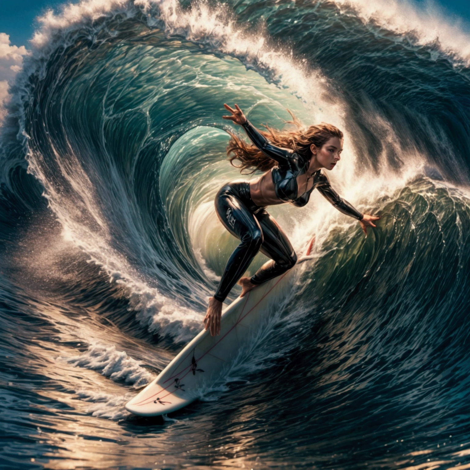 Create a stunning, high-fidelity, ultra-quality image of a beautiful female surfer riding a massive, perfectly formed wave deep inside the barrel. The wave is enormous, towering over the surfer as it curls into a hollow tube, with vibrant blue water shimmering under the sunlight. The wave’s surface is glassy and smooth, reflecting the light, while droplets of spray and foam are visible where the water begins to break. The inside of the wave should have intricate details, capturing the swirling water and mist within the barrel, adding to the sense of motion and power.

The surfer, a very pretty female with flowing red or blonde hair, is positioned upright on her surfboard, deep inside the wave. Her hair streams back in the wind, catching the sunlight as it glows with golden or fiery hues. She is wearing a sleek wetsuit or bikini, highlighting her athletic form and grace. Her posture is calm and balanced, showcasing her mastery of the wave, with subtle spray at her feet as her board glides smoothly through the water. Her expression is focused yet serene, exuding confidence and a connection to the ocean’s power.

The scene should be captured from a slightly side-on perspective, emphasizing both the magnitude of the wave and the surfer’s graceful movement within it. In the foreground, instead of people, tiny droplets of water are suspended in the air, caught mid-splash, adding to the drama of the moment and enhancing the sense of immersion. These droplets are illuminated by the sunlight, creating sparkling, dynamic patterns around the surfer as they catch the light.

The overall atmosphere of the image should convey the raw power of the ocean, with the wave’s force and scale juxtaposed against the surfer’s elegance and control. The colors should be vivid, with the deep blue of the water contrasting against the bright, sunlit sky, enhancing the dramatic beauty of the scene. The added water droplets should intensify the immersive and dynamic feeling of the moment, creatin