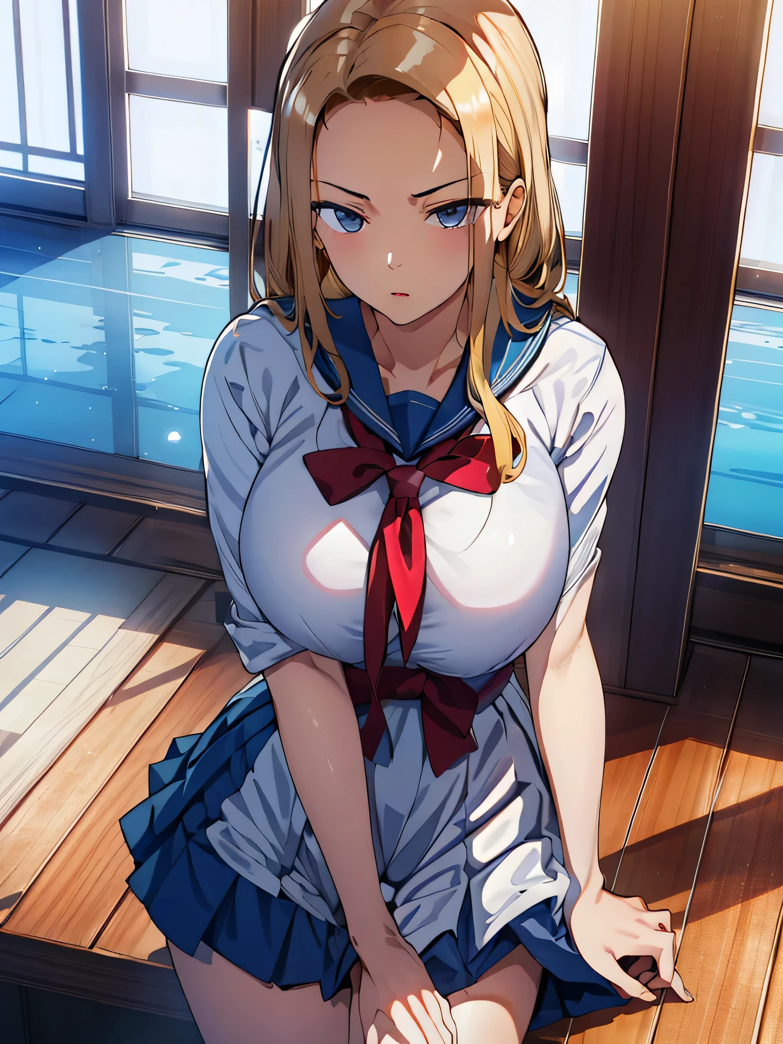 high resolution、最high resolution、Highest quality、Every detail、Beautifully draw the inside of the eyes、Blonde、Gal、long hair、student、Sailor suit、Fair skin、Blue Eyes、Angry face、Big Breasts、looking at the camera、Arms crossed、Show the whole body、outside、mini skirt
