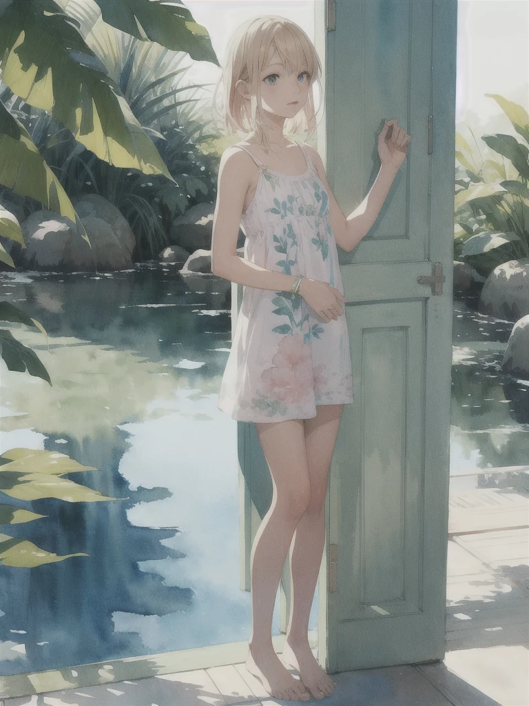 Tranquil voyager girl, in watercolor style, Photorealism, discreet pink and mint shades, barefoot, blonde hair, gentle thoughtful image