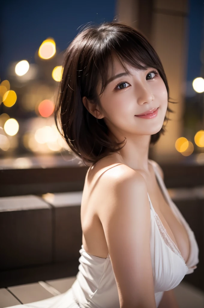 (8k, RAW photo, best quality, masterpiece:1.2), (realistic, photo-realistic:1.37), ultra-detailed, 1 girl,cute, solo,beautiful detailed sky,detailed cafe,night,sitting,dating,(nose blush),(smile:1.1),(closed mouth),large breasts, seductive smile, large aparture, professional lighting, Sony A7R4, Zessie 50mm F1.8,,fold your arms behind head:1.5,mole under eye:1.2,white dress