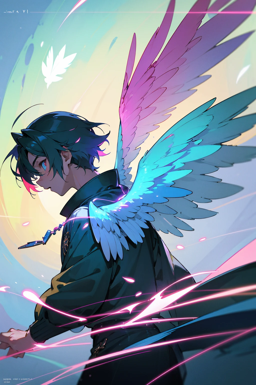 anime - style image of a young boy with wings and a necklace, winged boy, trending on artstation pixiv, digital art on pixiv, detailed digital anime art, profile picture 1024px, detailed anime character art, glowing feathers, with large wings, colorful concept art, neon wings, 8k high quality detailed art, high quality anime artstyle