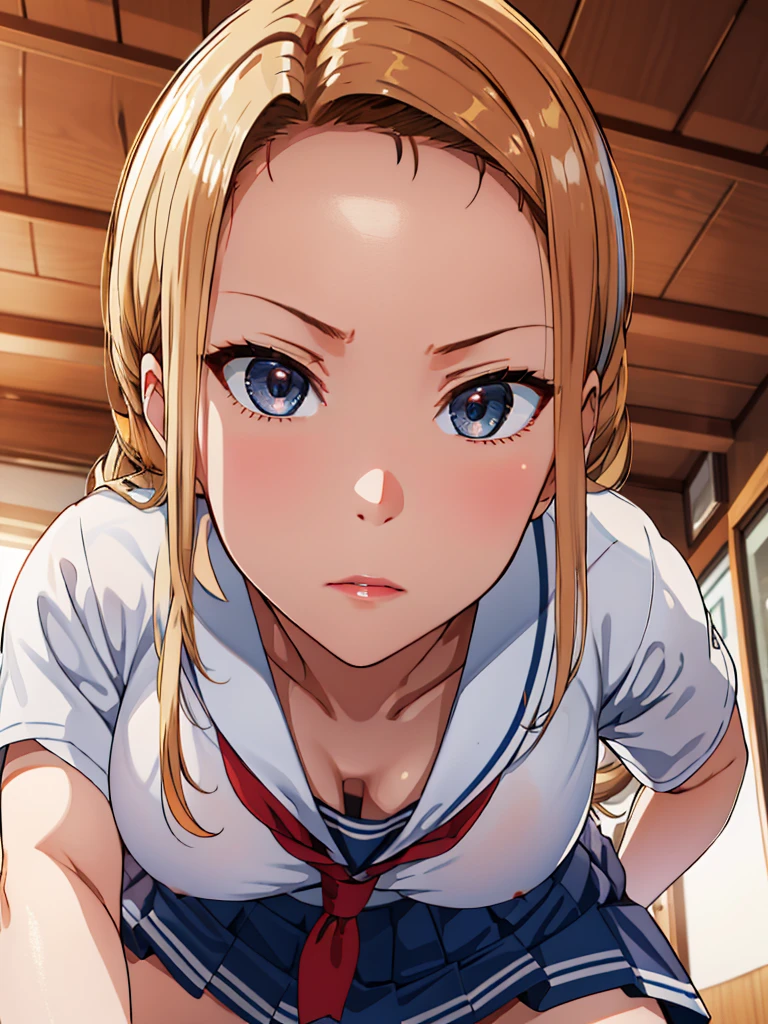 high resolution、最high resolution、Highest quality、Every detail、Beautifully draw the inside of the eyes、Blonde、Gal、Shortcuts、student、Sailor suit、Fair skin、Blue Eyes、Angry face、Big Breasts、looking at the camera、Show the whole body、outside、mini skirt、Angle from below