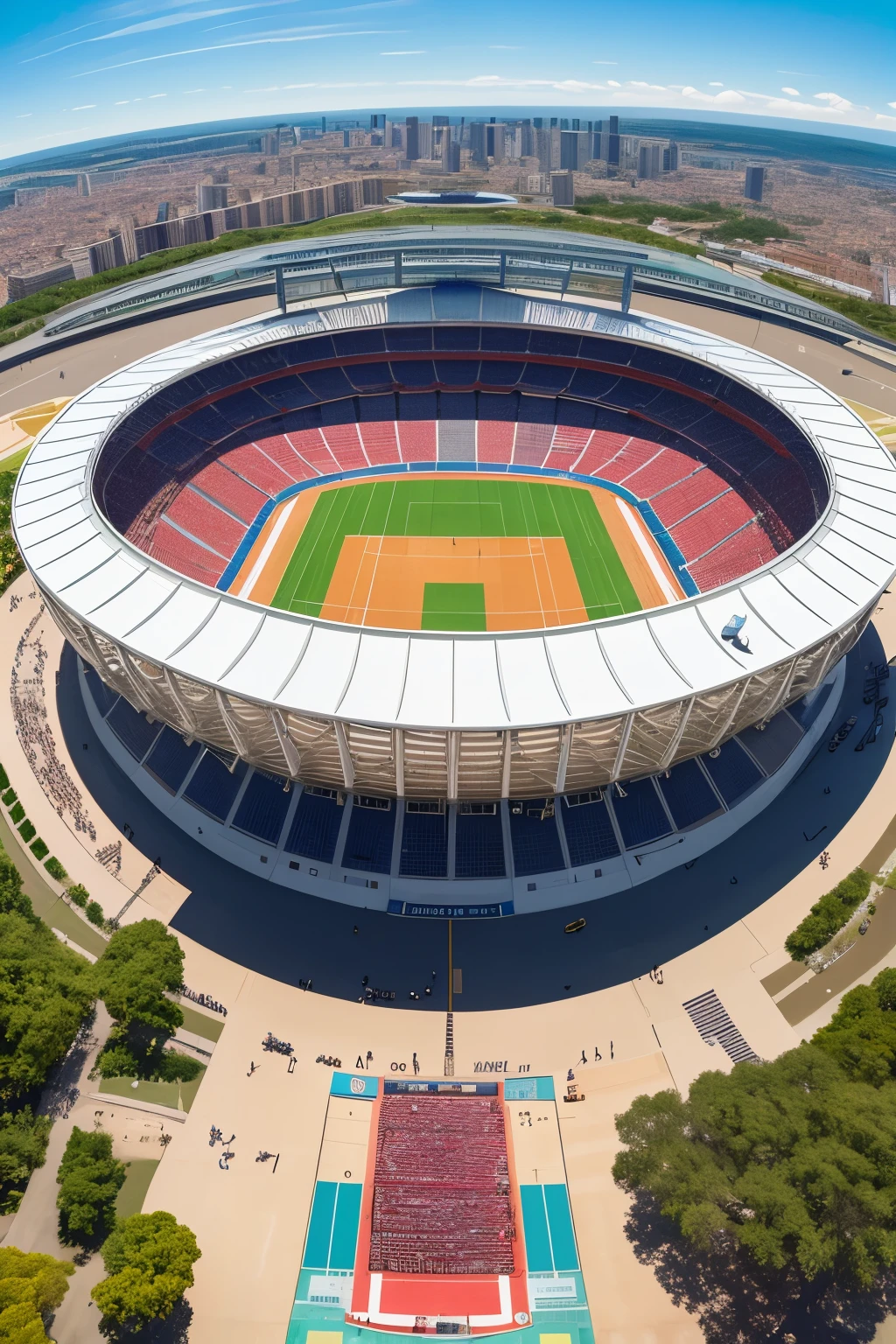 A captivating bird's-eye view of the bustling Olympic arena, showcasing an array of athletes in action against the backdrop of iconic sports venues. The image is meticulously detailed, capturing the intricate movements and expressions of the athletes as they compete with unmatched realism. The venues, a symbol of national pride and sportsmanship, are depicted with striking precision, their architectural details and vibrant colors standing out against the azure sky. The depth of field is expertly utilized, drawing the viewer's attention to the mesmerizing spectacle unfolding on the grounds below while subtly blurring the outlying background, creating a sense of scale and grandeur