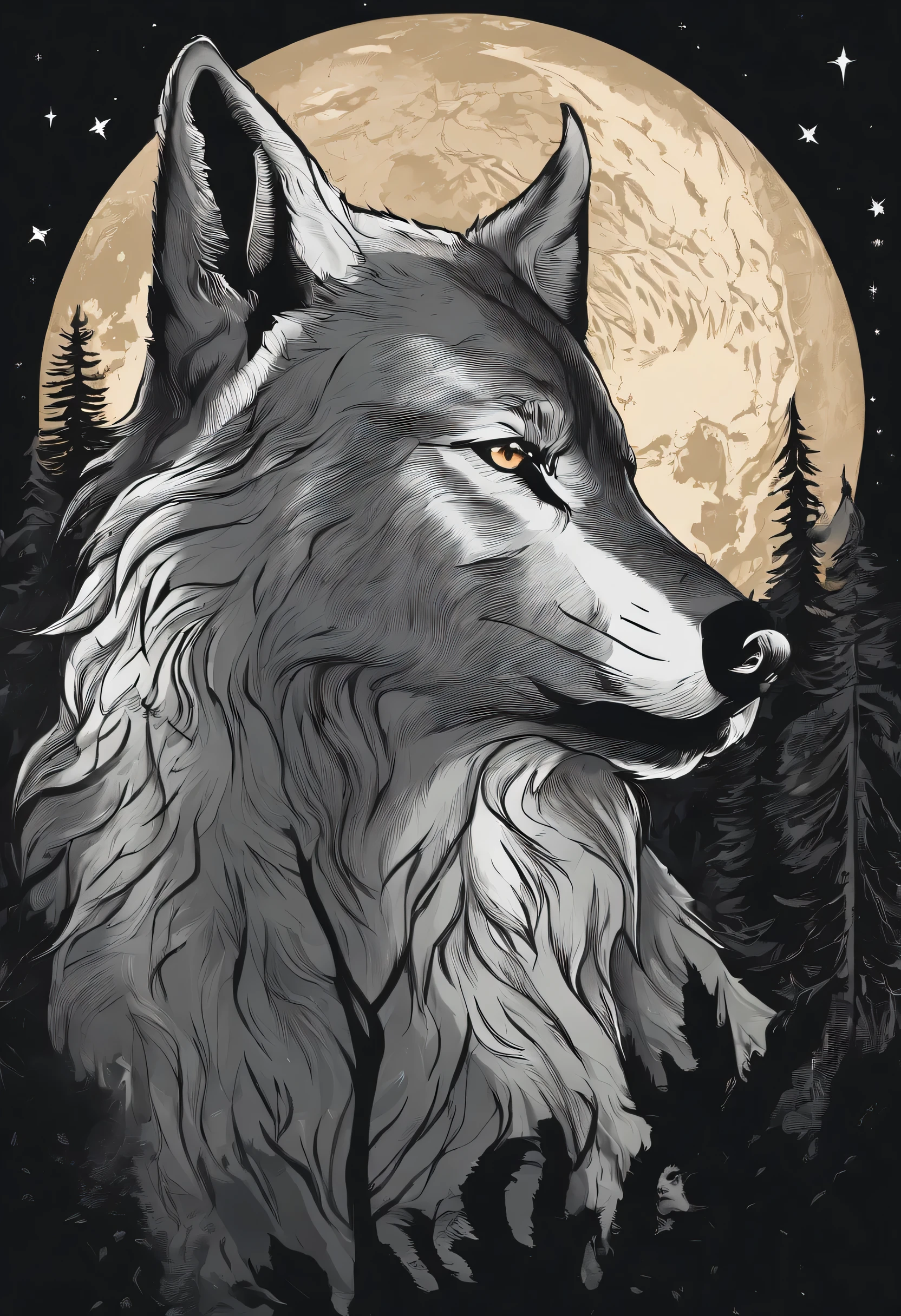 /imagine prompt: White Wolf King illustration with sticker on black background,The outline is bold, Werewolf kills,Jagged edges, Trash core, medieval times,Light and Shadow - V 5.2