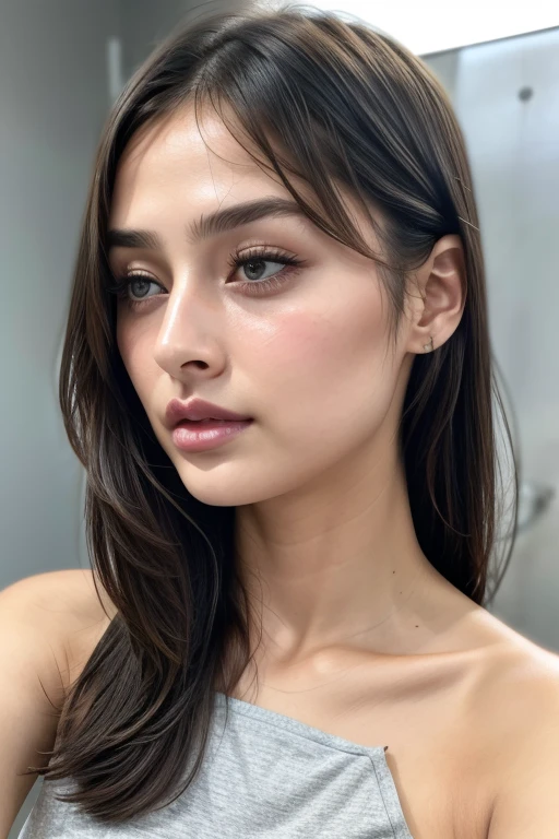 Taylor Hill、High resolution realistic photos,8k,Realistic skin texture,to be born々New People々々々々,1 girl,Tabletop,,Awards - Winning Photos, Very detailed, Close your eyes, Nose and mouth,Face Focus, Extreme close up of face、Woman with open mouth and closed eyes, Black camisole、20-year-old,Black-haired、Symmetrical face,Realistic nostrils、Angle from below、Elongated C-shaped nostrils,((Gray background))、Sweaty skin、汗でGlowing Skinを強調する照明、((Sharp Nose))Skin shiny with sweat、Glowing Skin、Sweaty hair、sunlight、(Brow wrinkles)((Frowning))、((Thin eyebrows))((Oily skin、Glowing Skin))、double eyelid、Tied Hair、Updo、Lift your head((Super wet skin))(((鼻中隔が広く見えるprofile,nasal septum,profile)))