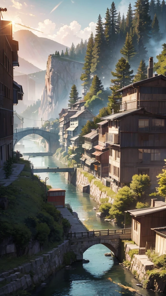 There is a mountain. There are some houses built below it. There is a bridge on top of the hill. Cars are moving on it. It is evening. Moody color, Sun light, cartoon anime look
