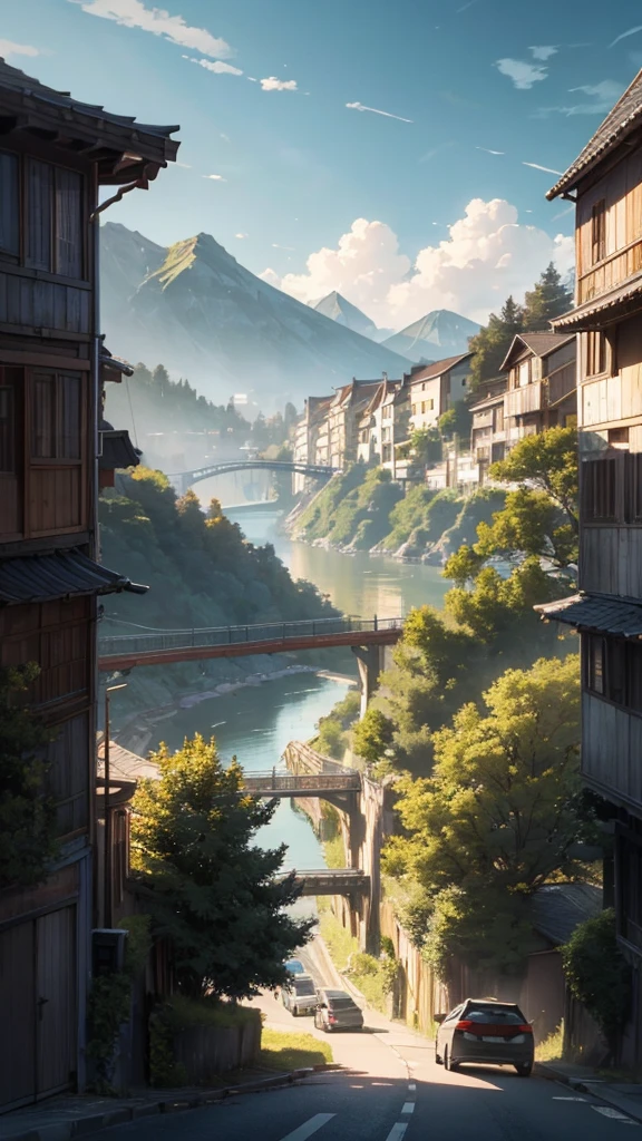 There is a mountain. There are some houses built below it. There is a bridge on top of the hill. Cars are moving on it. It is evening. Moody color, Sun light, cartoon anime look