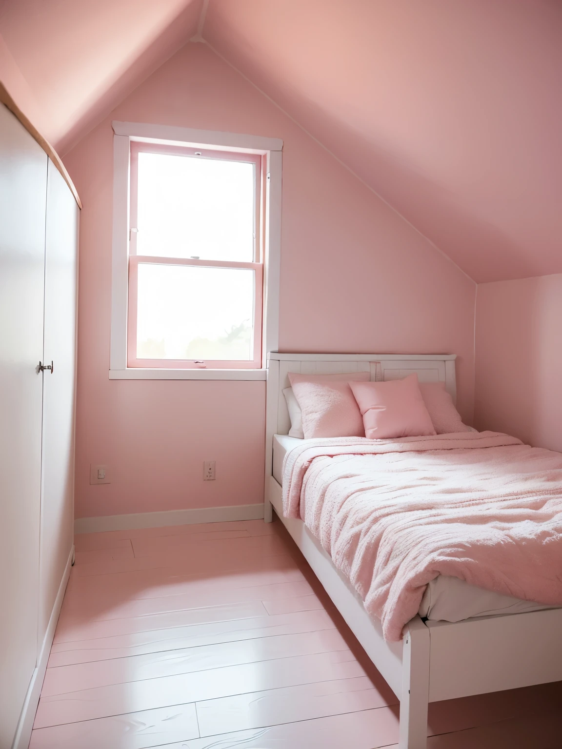 (masterpiece:1.2, best quality:1.2), 1girl, solo, professional lightings, cinematic lightings, 8k wallpaper, ((ultra realistic interior of attic room, ultra detailed interior of attic room, pink painted wall, white closet, bed, small window, wooden floor), whole room view, entire room shot,