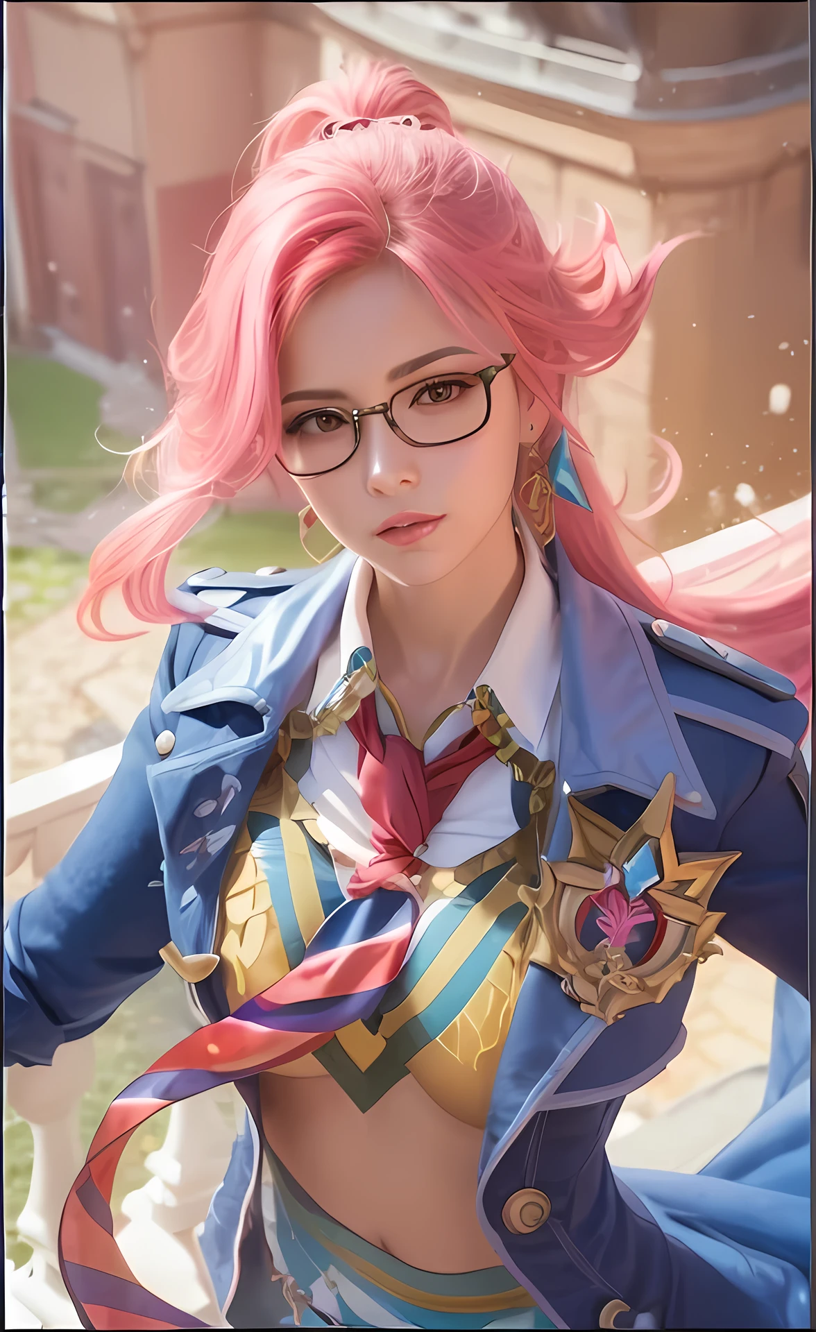 Hero mlbb, silvana, Beautiful girl, glasses, pink hair, lifelike, very real, sexy lips, big breasts, plump, very sexy, masterpiece, HD picture, 1080p, ((big breast)), (bra)
