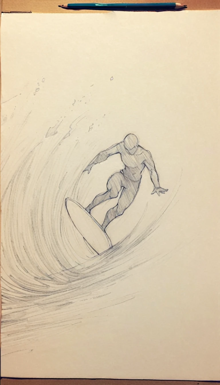 1 ,Line drawing,monochrome,(sketch:1.5、pattern、pencil drawing:1.5、board:1.5),board,traditional media, Surfing