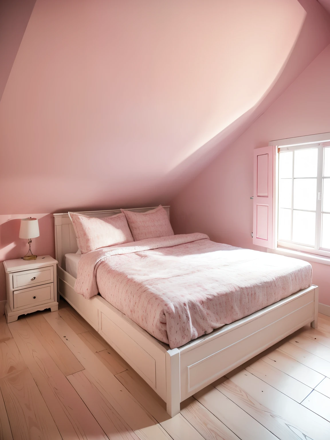 (masterpiece:1.2, best quality:1.2), 1girl, solo, professional lightings, cinematic lightings, 8k wallpaper, ((ultra realistic interior of attic room, ultra detailed interior of attic room, pink painted wall, white closet, bed, small window, wooden floor), whole room view, entire room shot, 