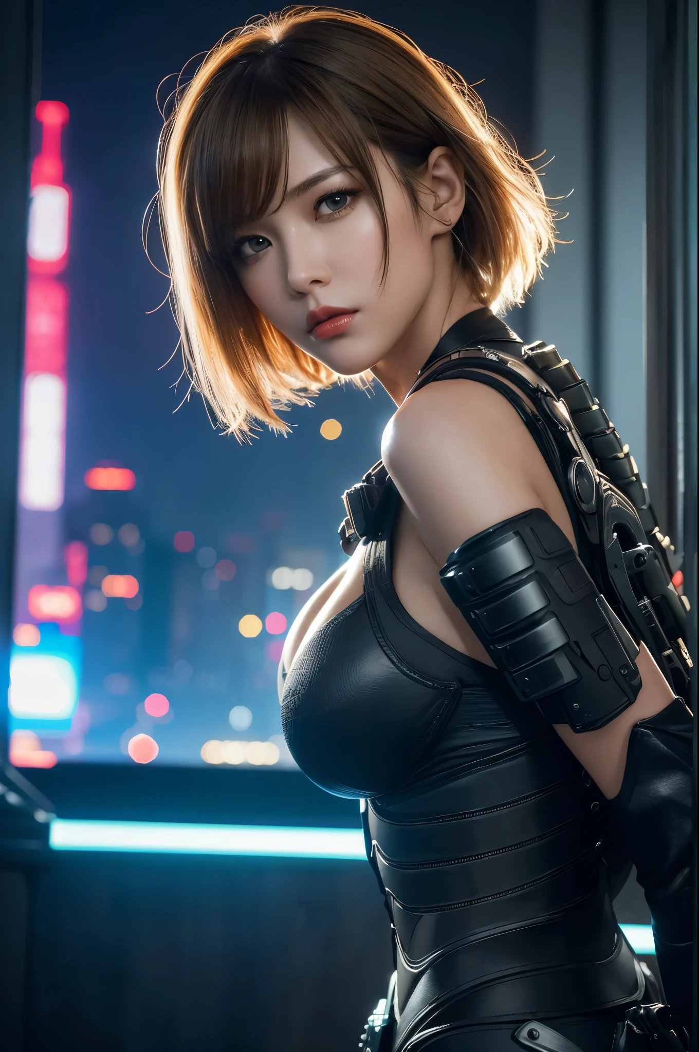 8k,Highly detailed illustration, Ultra-high resolution, masterpiece, Highest quality, Super Beauty,Skin with perfect radiance, Perfect lighting, Detailed lighting, Dramatic Shadows, Ray Tracing, 1 beautiful Caucasian woman, Looking at the audience, Very large breasts, Beautifully detailed hazel eyes, Sharp Face, Clear Eyes, Red lips, Long Bangs, Short Curly Hair, blonde, ((Cyberpunk Dark City)), Upper Body, Combat Uniform, Military Harness, ,masterpiece,Highest qualityのフォトリアリスティックなRAW写真。Bright colors,Rich colors, Backlight, Cinema Lighting, Film Grain, 50mm lens, Nikon D850,Detailed character art,Fantasy art,Ultra-high resolution,Ultra-Realistic Skin,Perfect hand shape,ダイナックなFightingポーズ,Knife action,Metal Armor,Fighting,Action pose,