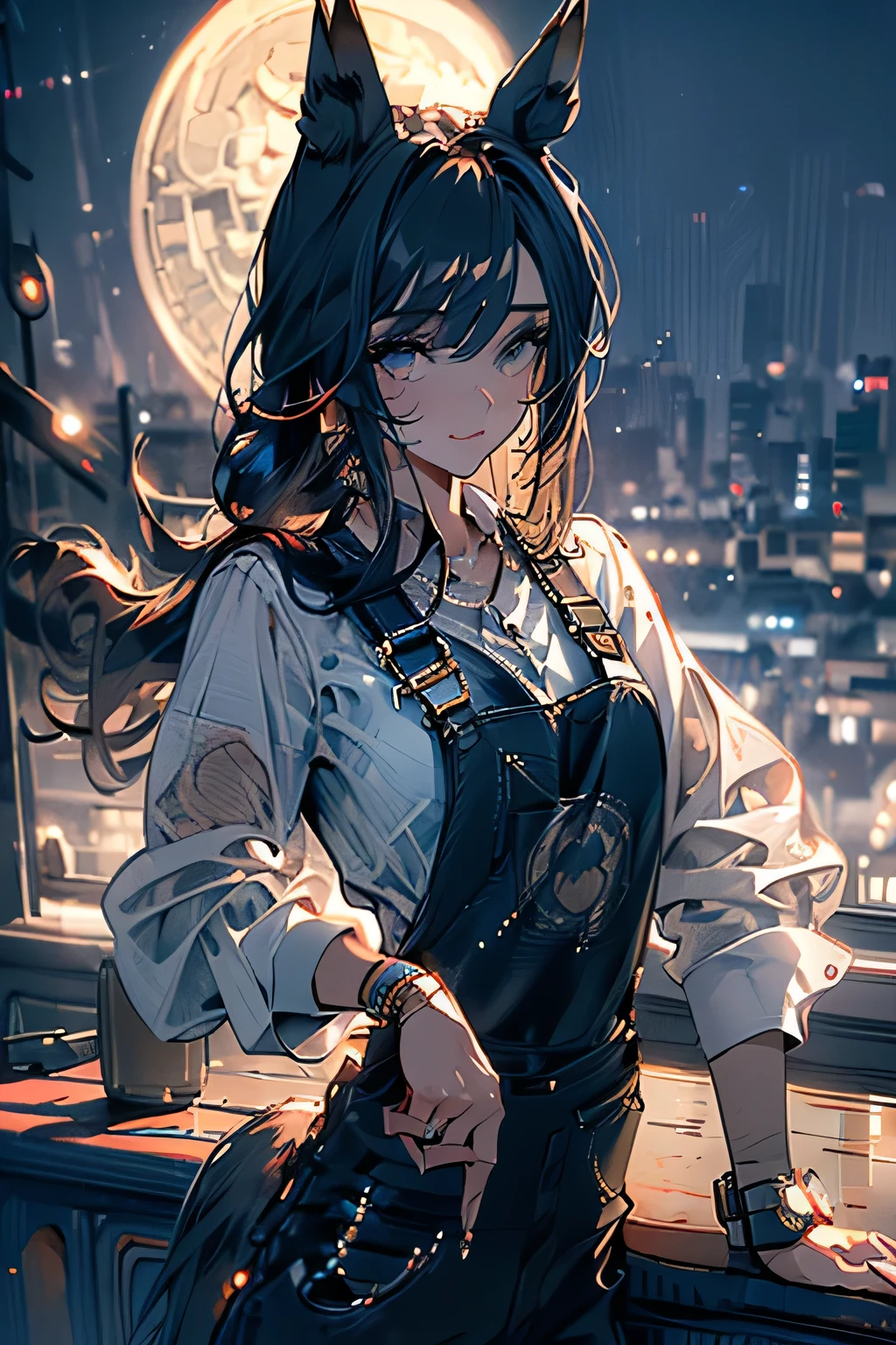 ((one dignified young woman)),((highest quality, masterpiece, 8K))), retro atmosphere, london cityscape, thick fog full moon night, sharp face steampunk, Uma Musume, black hair, (((horse ear))), mullet hairstyle, cool, looks calm, ((white shirt, dirty overalls))
