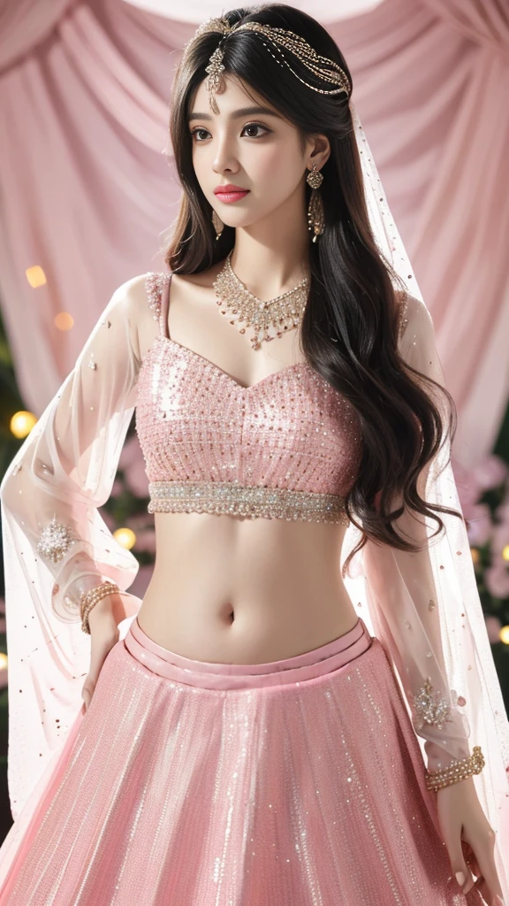 4K, UHD, masterpeice, 1 girl, good face, detailed eyes, detailed lips, very long hair, straight hair, very long hair, beautiful hair, hair ornaments, hairband, gradient hair, ((pink lehenga)), ((bridal lehenga)), ((decorated blouse)), sardine, ((jwellery on lehenga)), ((lace)), ornaments, necklace, earring, high lighting, ((bare stomach)), wedding stage, fujicolor, depth of field, ray tracing, ultra realistic detail,