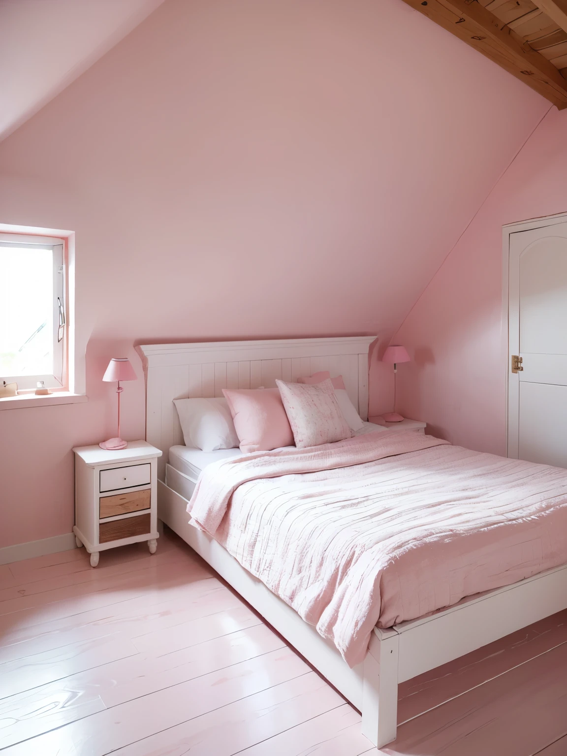 (masterpiece:1.2, best quality:1.2), 1girl, solo, professional lightings, cinematic lightings, 8k wallpaper, ((ultra realistic interior of attic room, ultra detailed interior of attic room, pink painted wall, white closet, bed, small window, wooden floor), whole room view, entire room shot,