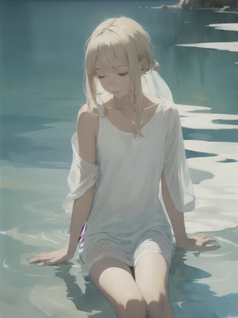 Tranquil voyager girl, in watercolor style, Photorealism, discreet white and mint shades, barefoot, blonde hair, gentle thoughtful image