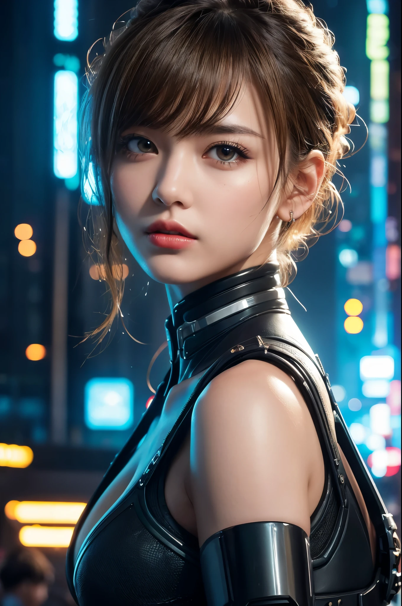 8k,Highly detailed illustration, Ultra-high resolution, masterpiece, Highest quality, Super Beauty,Skin with perfect radiance, Perfect lighting, Detailed lighting, Dramatic Shadows, Ray Tracing, 1 beautiful Caucasian woman, Looking at the audience, Very large breasts, Beautifully detailed hazel eyes, Sharp Face, Clear Eyes, Red lips, Long Bangs, Short Curly Hair, blonde, ((Cyberpunk Dark City)), Upper Body, Combat Uniform, Military Harness, ,masterpiece,Highest qualityのフォトリアリスティックなRAW写真。Bright colors,Rich colors, Backlight, Cinema Lighting, Film Grain, 50mm lens, Nikon D850,Detailed character art,Fantasy art,Ultra-high resolution,Ultra-Realistic Skin,Perfect hand shape,ダイナックなFightingポーズ,Knife action,Metal Armor,Fighting,Action pose,
