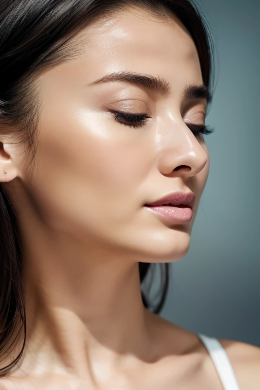 Taylor Hill、High resolution realistic photos,8k,Realistic skin texture,to be born々New People々々々々,1 girl,Tabletop,,Awards - Winning Photos, Very detailed, Close your eyes, Nose and mouth,Face Focus, Extreme close up of face、Woman with open mouth and closed eyes, Black camisole、20-year-old,Black-haired、Symmetrical face,Realistic nostrils、Angle from below、Elongated C-shaped nostrils,((Gray background))、Sweaty skin、汗でGlowing Skinを強調する照明、((Sharp Nose))Skin shiny with sweat、Glowing Skin、Sweaty hair、sunlight、(Brow wrinkles)((Frowning))、((Thin eyebrows))((Oily skin、Glowing Skin))、double eyelid、Tied Hair、Updo、Lift your head((Super wet skin))(((鼻中隔が広く見えるprofile,nasal septum,profile)))