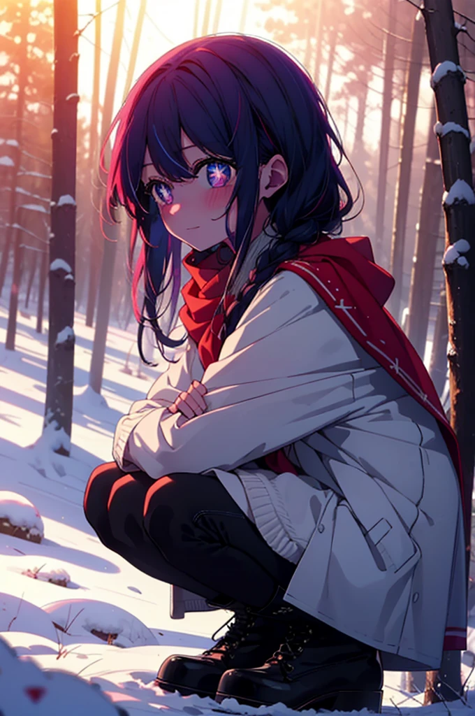 aihoshino, Ai Hoshino, Long Hair, bangs, (Purple eyes:1.1), Purple Hair, (Symbol-shaped pupil:1.5), smile,,smile,blush,white breath,
Open your mouth,snow,Ground bonfire, Outdoor, boots, snowing, From the side, wood, suitcase, Cape, Blurred, , forest, White handbag, nature, Squat, Mouth closed, Cape, winter, Written boundary depth, Black shoes, red Cape break looking at viewer, Upper Body, whole body, break Outdoor, forest, nature, break (masterpiece:1.2), Highest quality, High resolution, unity 8k wallpaper, (shape:0.8), (Beautiful and beautiful eyes:1.6), Highly detailed face, Perfect lighting, Extremely detailed CG, (Perfect hands, Perfect Anatomy),