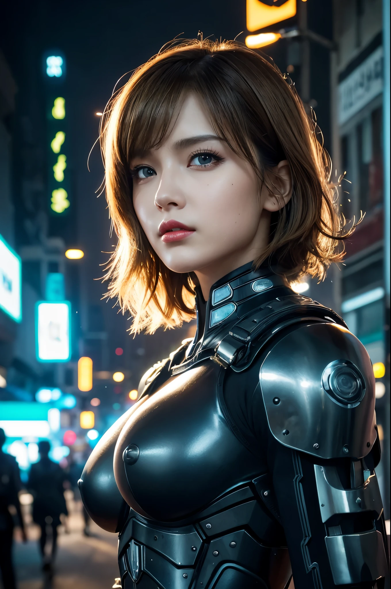 8k,Highly detailed illustration, Ultra-high resolution, masterpiece, Highest quality, Super Beauty,Skin with perfect radiance, Perfect lighting, Detailed lighting, Dramatic Shadows, Ray Tracing, 1 beautiful Caucasian woman, Looking at the audience, Very large breasts, Beautifully detailed hazel eyes, Sharp Face, Clear Eyes, Red lips, Long Bangs, Short Curly Hair, blonde, ((Cyberpunk Dark City)), Upper Body, Combat Uniform, Military Harness, ,masterpiece,Highest qualityのフォトリアリスティックなRAW写真。Bright colors,Rich colors, Backlight, Cinema Lighting, Film Grain, 50mm lens, Nikon D850,Detailed character art,Fantasy art,Ultra-high resolution,Ultra-Realistic Skin,Perfect hand shape,ダイナックなFightingポーズ,Knife action,Metal Armor,Fighting,Action pose,